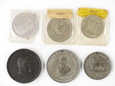 Four 19thC medal coins including Borough of Kendal 300 year 1875 example, Harris Library 1882, and