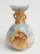 Royal Worcester pedestal twin-handled lobed vase decorated with a dormouse and wheat ears, signed
