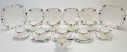 Shelley Art Deco teaware including seven trios, cup and saucer, cake plates etc, pattern no 11497,