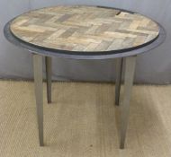 Ex Superdry industrial style table or shop fitting / haberdashery display stand with parquet