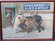 Stroud Brewery Company framed advertising poster 'By your leave, please!' depicting a railway