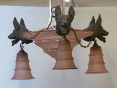 Art Deco chandelier/light fitting with three cast pewter or similar German Shepherds/Alsatians, pink