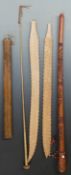 A carved wooden club, Maori reproduction paddle and inlaid abalone staff, riding crop etc