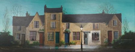 Deborah Jones (1921-2012) oil on board of Mrs Biddle's shop and houses, 29 x 75cm