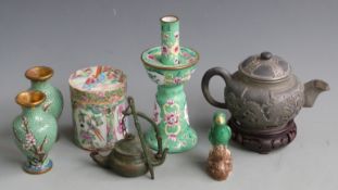 A 19thC Chinese Canton famille rose jar and cover, enamel candlestick, brass censer, cloisonné