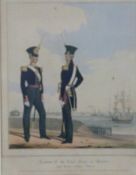 Five military and other prints including a view of Horse Guards dated 1768, two Royal Navy and