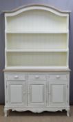 Shabby chic white painted dresser with shelves to top, the base fitted three drawers above