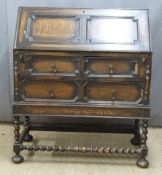 Oak bureau with barley twist supports, W90 x D46 x H106cm