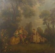 Oil on canvas in the manner of Watteau, lady and gentleman with a cage of doves and a lady with