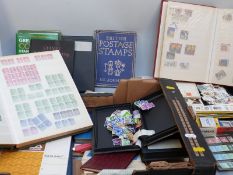 A tray of sundry albums and stockbooks including a booklet album, loose stamps, books, sundries