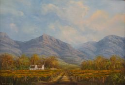 Henri du Rand acrylic on board South African landscape 'Constantia' (Cape Town), signed lower