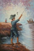 R Sale acrylic on canvas boy fishing with further fishermen beyond, 90 x 60cm, in gilt frame