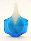 Mdina Axe Head glass vase with blue casing over mottled white ground, signed to the base, 16.5cm