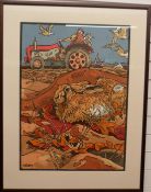 Andrew Haslen (b1953) linocut tractor ploughing a field with hare to foreground, 76 x 55cm