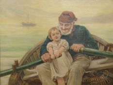 Victorian/ early 20thC oil on canvas young girl helping a fisherman row his boat, in the manner of
