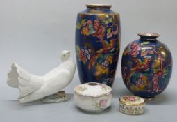 Lladro dove, Falconware vases (25cm tall) and two Limoges trinket dishes