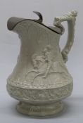 Ridgeway relief moulded pedestal jug with pewter lid with decoration of knights jousting circa 1840,