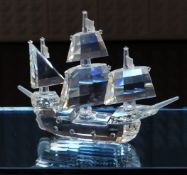 Swarovski Crystal cut glass Santa Maria sailing ship, 11cm long, on mirror base, in original box