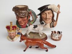 Royal Doulton character jugs and dog figure, Border Fine Arts Jack Russell and a large Beswick fox