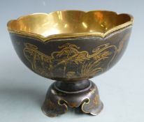 Japanese inlaid brass pedestal bowl with inner liner and scenes of Mount Fuji, signed to base, H