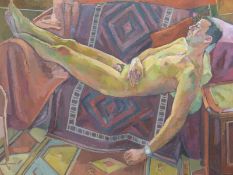 Modern vibrant acrylic on canvas reclining male nude, inscribed verso Christophe - James 2000,