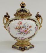 Royal Crown Derby twin-handled covered pedestal vase hand-decorated with flowers, H20cm