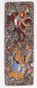 Retro porcelain wall plaque with jousting design, signed Hugo RSM verso, 18 x 51cm