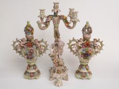 German figural garniture with applied flower and cherub decoration, H50cm