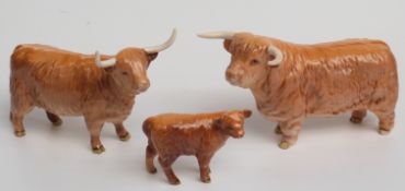Beswick Highland bull, cow and calf, H13cm
