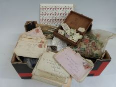 A box of GB stamps comprising early covers, loose stamps in packets, stockbook, loose pages, sheet