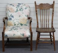 19th century upholstered armchair and a spindle back chair