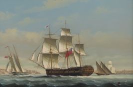 Salvatore Colacilio oil on board a British man of war arriving at Malta with sailing ships in