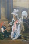 19thC or early 20thC oil on panel lady buying flowers, label verso for O'Leary's, 49 Grand Parade,