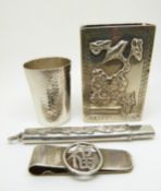 Chinese silver money clip, small hammered tot cup with Chinese mark to base, Chinese silver pencil