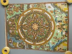 Tibetan Mandala with central concentric circle with many figures and central temple musicians etc,