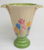 Clarice Cliff twin-handled pedestal vase decorated with Spring Crocus, 30cm tall