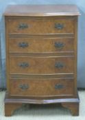 Small serpentine fronted burr walnut chest of four drawers, W51 x D42 x H71cm