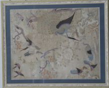 A 19thC Chinese embroidered panel depicting birds and peacocks (56 x 45cm)