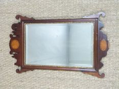 Georgian inlaid mahogany framed bevelled edge mirror, overall size 67x40cm