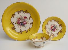 Royal Worcester cabinet cup, saucer and bowl hand-decorated with floral panels on a yellow ground,