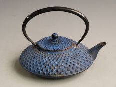 Japanese iron kettle blue hailstone relief design, Iwachu from Morioka in Tohoku region of Japan