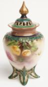 James Hadley, Hadley's Worcester footed covered pot pourri decorated with flowers, H 13cm