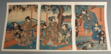 Triptych Japanese woodblock prints, 'Worshippers at Tenmangu Shrine' by Kunisada (1768-1868) with