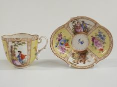 Meissen lobed cabinet cup and saucer decorated with Watteau scenes and floral panels on a yellow