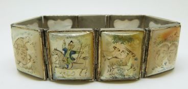 Indian white metal bracelet set with painted mother of pearl panels