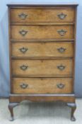 Burr walnut chest of five drawers raised on short cabriole legs, W 73 x D47 x H126cm