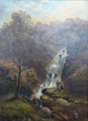 19thC oil on canvas of figures before a waterfall, indistinctly signed lower right, 35 x 25cm