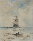 Albert Markes, Victorian maritime watercolour sailing ships with figures on beach in foreground,