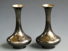 Pair of Japanese engraved metal vases with Mount Fuji scenes, H22cm