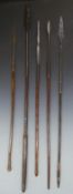 Five 19thC African short thrusting or throwing spears, some with copper and leather bindings and